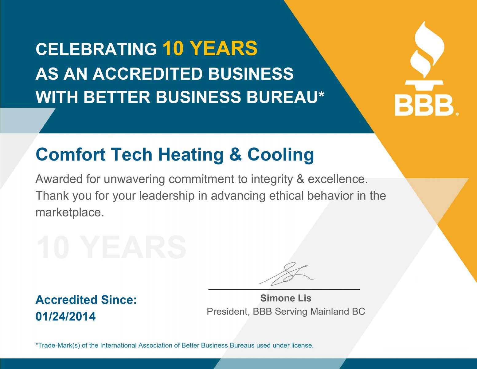 Celebrating 10 Years as an accredited business with BBB