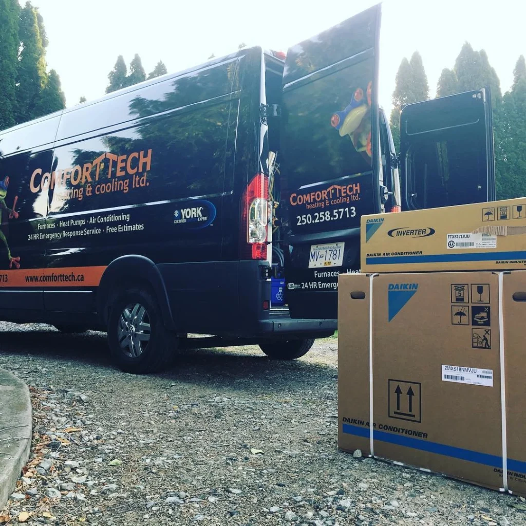 Comfort Tech unloading new ac unit from van